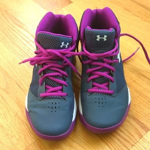 Under Armour Gray Purple Basketball High Top Shoes Kids Size 5.5Y Youth